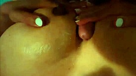 he slaps my swollen pussy lips then cums on tits after handjob