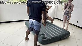 Duas gostosas call me over to fuck their juicy wet pussies on inflatable mattress