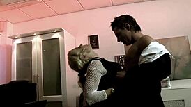 blonde secretary rides boss cock through fishnets on desk