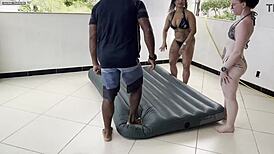 Duas gostosas call me over to fuck their juicy wet pussies on inflatable mattress