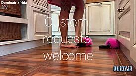 Suggestive Slip from Furry Slippers to Bare Toes in Kitchen