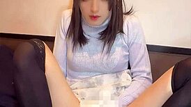 cute japanese crossdresser quietly masturbates her pretty shemale ass in secret