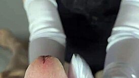 POV girlfriend edges huge cock passionately in white satin gloves lingerie lipstick