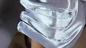 POV girlfriend edges huge cock passionately in white satin gloves lingerie lipstick
