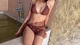 asian babe with tiny waist swallows massive cum loads after bali blowjob paradise