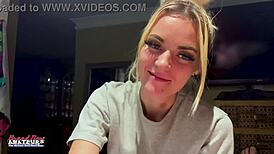 Skinny Blonde Hottie Rubs Tits Sucks Cock Swallows Cum!