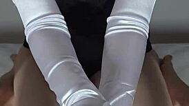 POV girlfriend edges huge cock passionately in white satin gloves lingerie lipstick