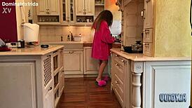 Suggestive Slip from Furry Slippers to Bare Toes in Kitchen