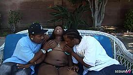 Black curvy bbw mature stepmom with big natural saggy tits seduces two bbc friends for rough mmf threesome deepthroat doggystyle and creampie cheating