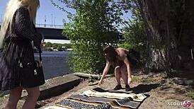 sunbathing lesbians snag stranger for wild public ffm threesome