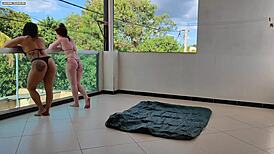 Duas gostosas call me over to fuck their juicy wet pussies on inflatable mattress