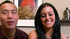 i pick up inked black hair girl with floppsy natural tits for first casting fuck