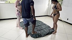 Duas gostosas call me over to fuck their juicy wet pussies on inflatable mattress