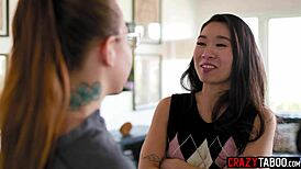 Alexis Tae laps kimmy kimm's shaved asian teen pussy in hot lesbian lickfest