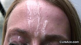 naughty bombshell slurps up every cum load from her face