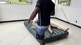 Duas gostosas call me over to fuck their juicy wet pussies on inflatable mattress