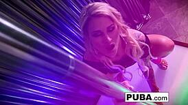 Hot stripper rips clothes masturbates pussy on pole cums
