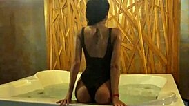 Petite Brunette Teases Small Tits and Narrow Ass in Steamy Jacuzzi