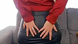 Tease Your Eyes on My Mature Fat Ass Squeezed in Tight Leather Skirt and Lingerie Panties