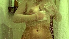 Stepsister's hidden shower reveals her tight shaved body and pierced nipples up close