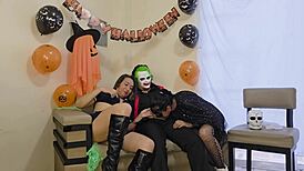 Mommy, stepdaughter, stepson rip clothes for Halloween FFM threesome pussy licking and more!