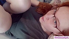 petite ginger with glasses teases small tits and puffy nipples