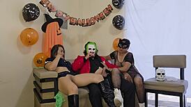 Mommy, stepdaughter, stepson rip clothes for Halloween FFM threesome pussy licking and more!