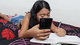 horny latina stepsis sets camera begs help with work task bends over for doggystyle deepthroat quickie