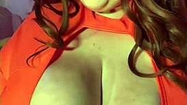 Oiled Velma Cosplay Gives Big Natural Titty Fuck Cumshot