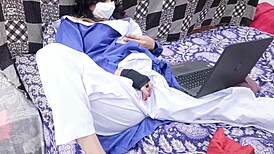Stepbrother pounds my tight Desi pussy while I watch porn on laptop