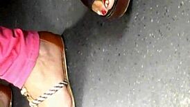 Mature Woman Shows Candid Feet in Wedges and Sandals