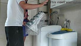 housewife teases technician fixing washer
