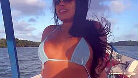 bikini clings to latina wife's curves as she rides cock on boat