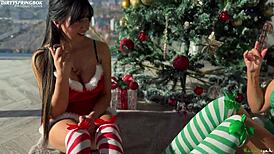 Aaliyah and Sally's festive candy cane lesbian pussy licking party