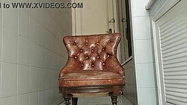 This sexy guy with monster cock hauls armchair to bathroom for intense explosive masturbation session