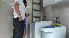 housewife teases technician fixing washer