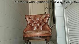This sexy guy with monster cock hauls armchair to bathroom for intense explosive masturbation session