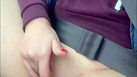 wanna see this pretty german milf rub her shaved pussy in the car?