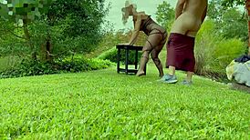 i slipped into lingerie for garden sex with my hubby, bent over doggystyle