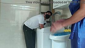 housewife teases technician fixing washer