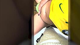 Latina wife in lingerie cheers Brazil game wildly