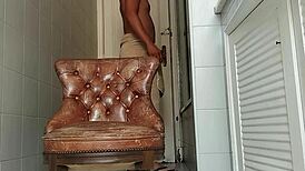 This sexy guy with monster cock hauls armchair to bathroom for intense explosive masturbation session