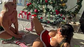 Aaliyah and Sally's festive candy cane lesbian pussy licking party