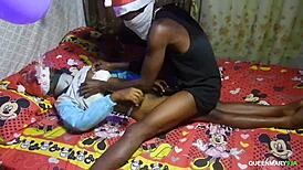 Cute Skinny Ebony Teen Fucks Man on Christmas Eve Homemade Creampie Cum