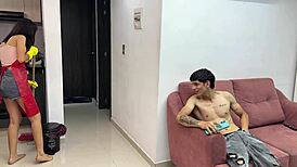 finally alone with the colombian maid i pounded her tight ass hard in the gym interracial style