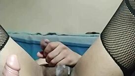 shemale in lingerie rides dildo till explosive cum release