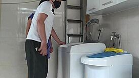 housewife teases technician fixing washer