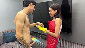 finally alone with the colombian maid i pounded her tight ass hard in the gym interracial style