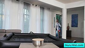 sexy blonde teen masseuse anna claire clouds preps wet nuru with client