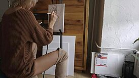 damn this sexy blonde babe paints her pretty pussy flower with glasses on